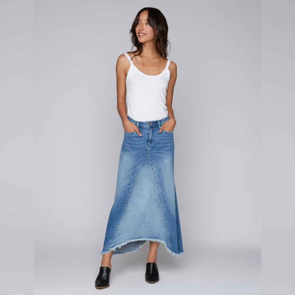 Wash Lab Denim Midi Skirt, Surf Blue, Stretch Cotton, Asymmetrical Raw Hem, 29